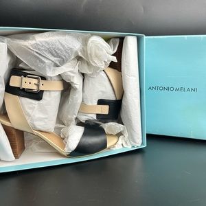 Antonio Melani Nahala Shoes Black & Cream with Stacked Heel Buckle Strap Size 9
